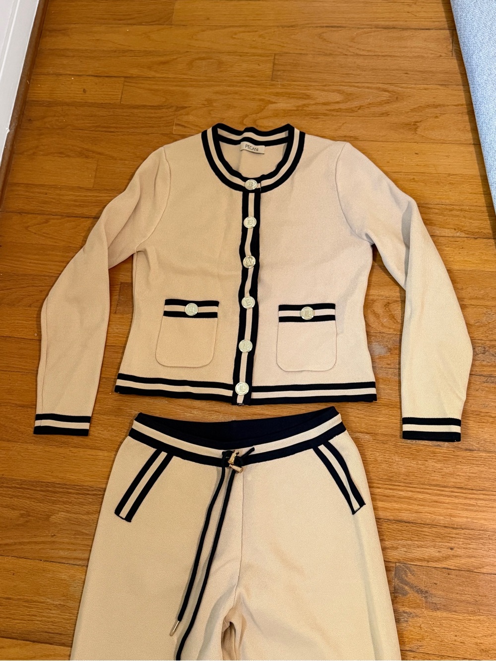 Cream Two-Piece Knit Set with Black Trim